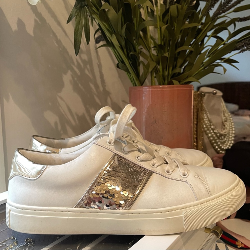 Tory Burch white leather/gold sequin sneakers
